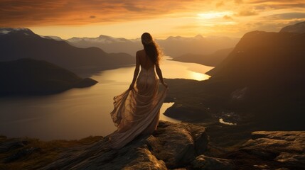 Fototapeta na wymiar Beautiful woman with a model-like appearance enjoying the sunset over the fjords in Norway.