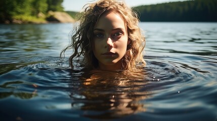 Beautiful woman with a model-like appearance swimming in the pristine waters
