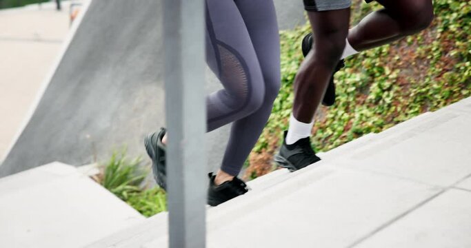 Fitness, running and legs on stairs with people together for wellness, workout or cardio closeup. Exercise, sports and shoes with athlete friends on steps for marathon training, health or power
