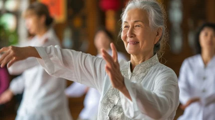 Fotobehang Elderly Asian woman performs Tai Chi in a serene outdoor setting, promoting health and wellness © EVGENIA