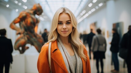 Beautiful woman with a model-like appearance exploring modern art galleries in Helsinki