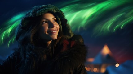 Beautiful woman with a model-like appearance enjoying the Northern Lights in Lapland.