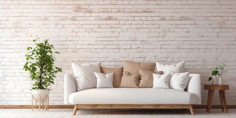 Flowerpot-filled white living room with a cozy couch and brick wall, concept design.