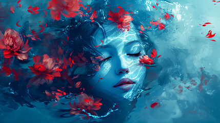 Ethereal Blossoms: A Close Glimpse of Femininity, Where a Woman's Face Blooms with Floral Grace
