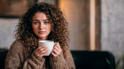 Senior woman, bundled up in a wool sweater, drinking a cup of hot coffee on a cold morning. AI Generated.