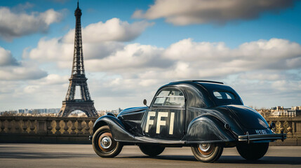 AI-Generated Image: Vintage French Traction Avant Car with "FFI" in front of Eiffel Tower, WWII Resistance Symbol