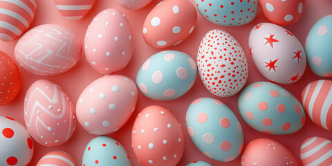 Fototapeta na wymiar Vibrant Easter eggs with polka dots, stripes, and stars patterns in pastel shades on a pink background