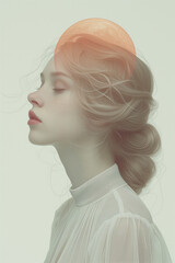 Conceptual portrait of young woman with skin silky and soft; meditative, dreamy expression. Natural, elegant beauty and purity of feminine. light makeup with abstract ethereal moon. Retro femininity