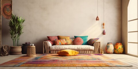 Bohemian style interior. Wall mockup with art. ed .