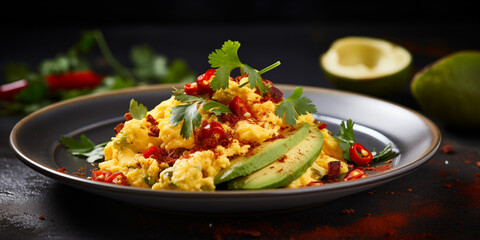 Scrambled egg with avocado and chili gastro photography about a perfect breakfast for healthy lifestyle	
