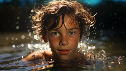 Portrait of a boy with brown hair and green eyes swimming in a river. Kid in the dark water of a stream or lake swimming on summer vacation. Closeup of preteen boy swimming.