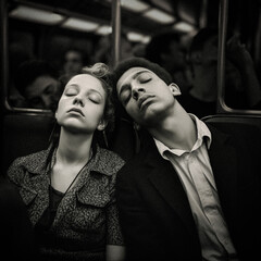 AI-Generated Image: Man and Woman Asleep in Subway Car, Weary of Daily Life