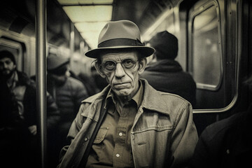 Fototapeta premium AI-Generated Somber Man in Subway