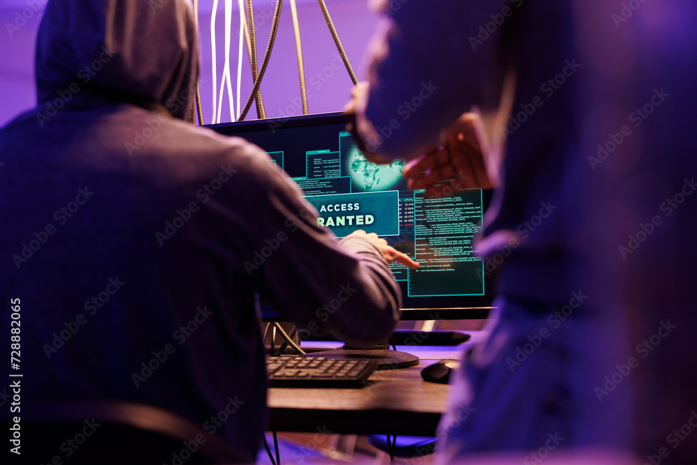 Poster criminals hacking computer network system successfully and getting access granted message on screen.