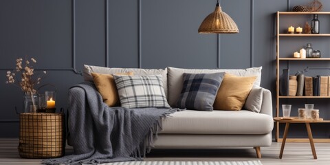 Stylish living room with a cozy sofa and plaid cushions.