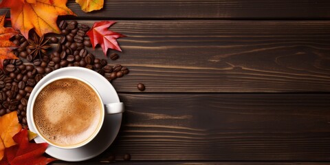 Top view of autumn latte coffee with spices, surrounded by warm and cozy autumn-themed elements.