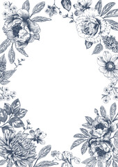 Botanical blue wedding frame or wreath on white background. Hand drawn floral, flower, leaf branch in toile de jouy style. Line art for wedding, monogram, invitation, greeting, logo, birthday cards