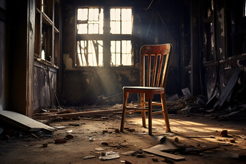 Fototapeta na wymiar An old wooden chair in an abandoned room. Backlight