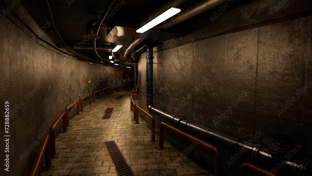 Poster Long dark grungy basement tunnel in an old industrial building. 3D render..