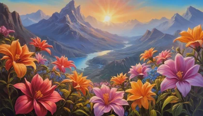 Poster Breathtaking sunrise or sunset landscape with flowers, mountains and river © Andrey