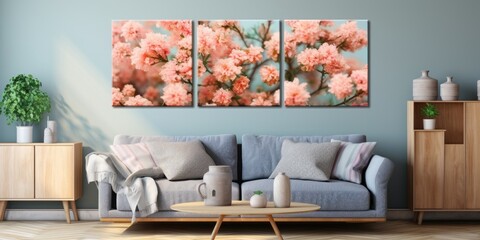 Floral artwork on triptych canvas with furniture in room.