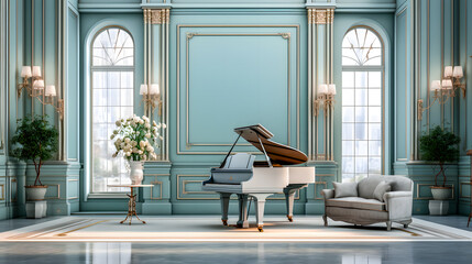 Salon de musique avec piano dans appartement haussmannien - obrazy, fototapety, plakaty