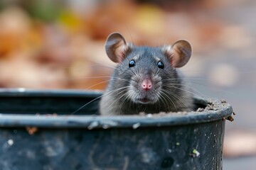 A mouse deftly exploring a trash can in search of possible treasures among the waste. Mouse behind trash can in urban scene. - obrazy, fototapety, plakaty