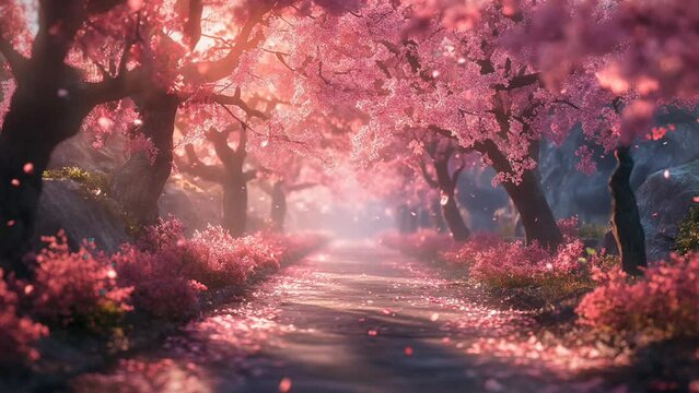beautiful view of spring landscape with amazing pink colored tree leaves, fantasy spring landscape. seamless looping 4k time-lapse animation video background