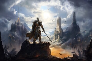 A Medieval Knight in Shining Armor Stands Defiantly, Wielding a Massive Sword Against a Backdrop of Majestic Castle Ruins