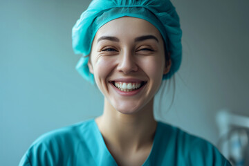  a nurse in scurbs smiling and looking happy