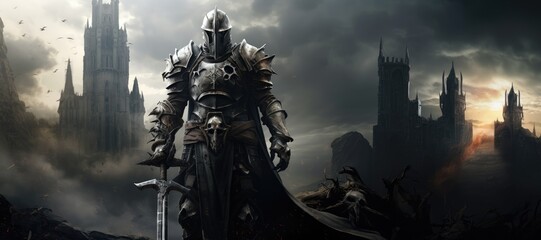 A Medieval Knight in Shining Armor Stands Defiantly, Wielding a Massive Sword Against a Backdrop of Majestic Castle Ruins - obrazy, fototapety, plakaty