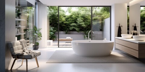 Modern bathroom with separate bathtub.