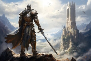 A Medieval Knight in Shining Armor Stands Defiantly, Wielding a Massive Sword Against a Backdrop of Majestic Castle Ruins - obrazy, fototapety, plakaty