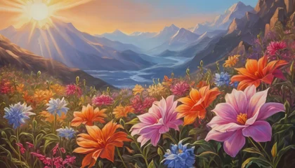 Keuken spatwand met foto Breathtaking sunrise or sunset landscape with flowers, mountains and river © Andrey