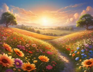 Sunrise over a blooming colorful meadow