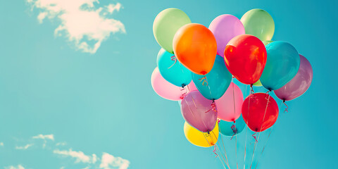 Multicolored balloons with helium on a blue sky