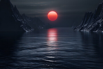 red sun over the lake 