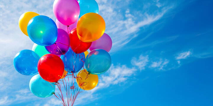 Multicolored balloons with helium on a blue sky