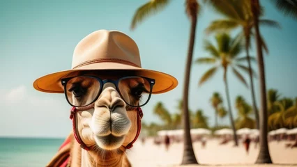 Schilderijen op glas A camel in glasses on the beach against the backdrop of the sea and palm trees close-up. Vacation and travel concept © Katerina