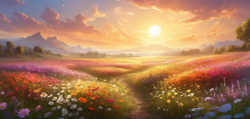 Sunrise over a blooming colorful meadow - obrazy, fototapety, plakaty