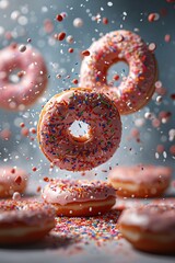 A delicious cascade of doughnuts plummeting through the air, tantalizingly tempting as they offer a sweet escape from reality