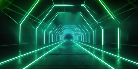 Neon light abstract background. Tunnel or corridor green neon glowing lights