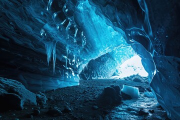 Subterranean Wonder: Exploring the Dark Depths of an Ice Cave, Illuminated by Ethereal Blue Light Amidst Frozen Spectacles.