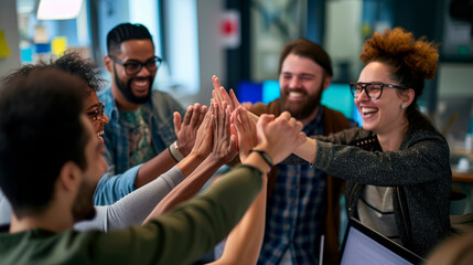 Software Development Team Celebrating Successful Launch of a New App. High-fives, smiles, and a collaborative atmosphere in a tech office