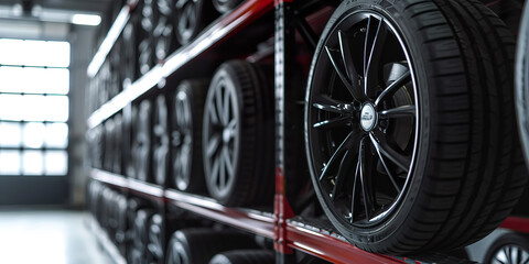 New car wheel and tires on tire storage rack
