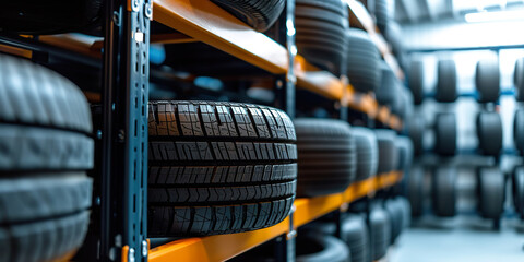 New car wheel and tires on tire storage rack