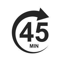45 minutes icon with circle arrow. Stopwatch symbol. Countdawn sign. Sport or cooking timer isolated on white background. Delivery, deadline, duration pictogram. Vector graphic illustration.