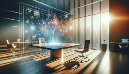 Serene office with sleek desk and holographic data visualization