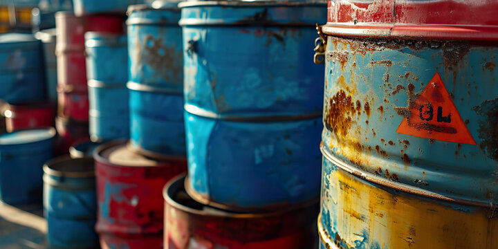 Old chemical barrels. Blue green and red oil