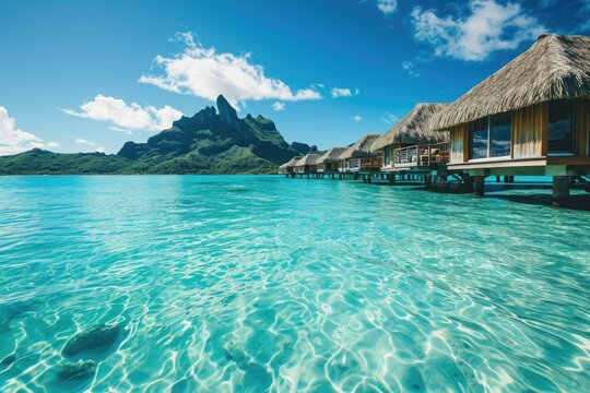Island Escape: Surrender to the Allure of Bora Bora, French Polynesian Islands, Offering Overwater Bungalows and Crystal Turquoise Seas for Ultimate Relaxation.